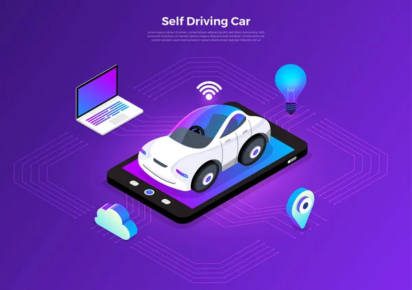 Autonomous Self Driving Automobile Sensor Smart Car Driverless Teknologi Kendaraan - Stok Vektor