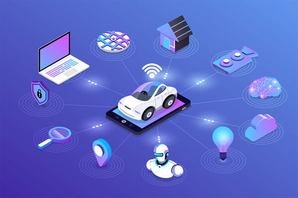 Автономные самоуправляемые автомобильные датчики Smart Car Driverless vehicle technology. Векторная иллюстрация
.