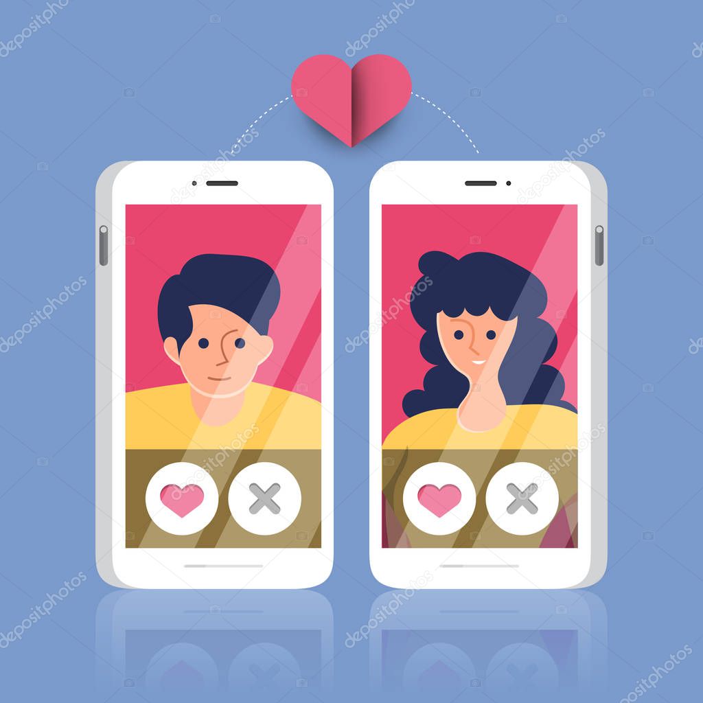 Modern illustrations concpt dating online application via hand hold mobile chat and social activity relationship between man and woman. Vector illustrate.