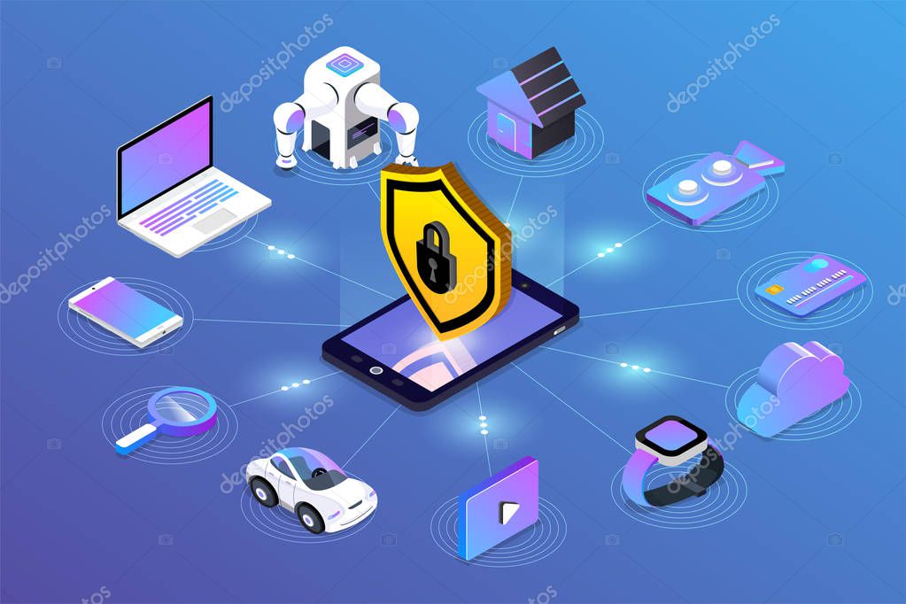 Isometric illustrations design concept mobile technology solution cyber security and device. Gradient background . Vector illustrate.