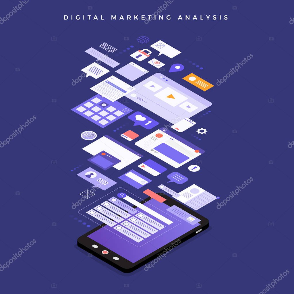 Flat design concept business strategy. 3d isometric flat design. Analysis data and Investment. Business success.Financial review with laptop and infographic elements. Vector illustration.