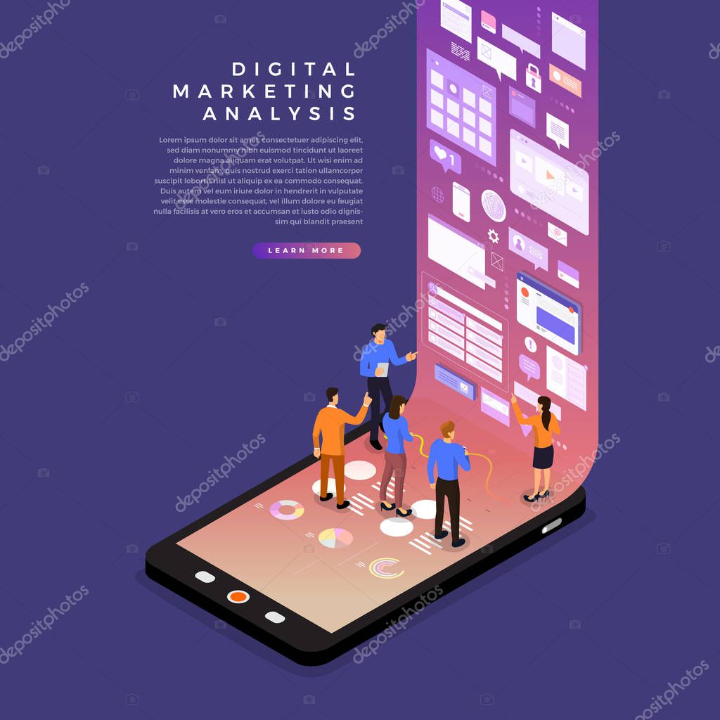 Flat design concept business strategy. 3d isometric flat design. Analysis data and Investment. Business success.Financial review with laptop and infographic elements. Vector illustration.