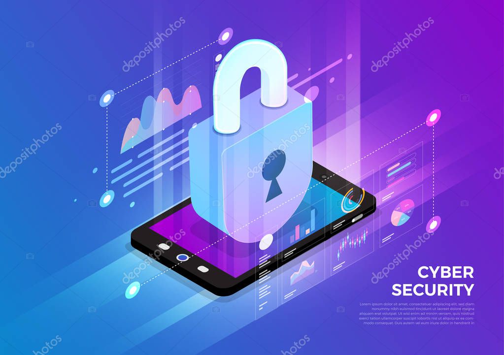Isometric illustrations design concept mobile technology solution on top with cyber security. Gradient background and digital graph chart thin line. Vector illustrate.