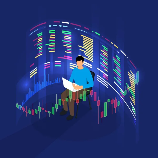 Trader Working Analysis Stock Exchange Graph Chart Decision Buy Sell — Stock Vector