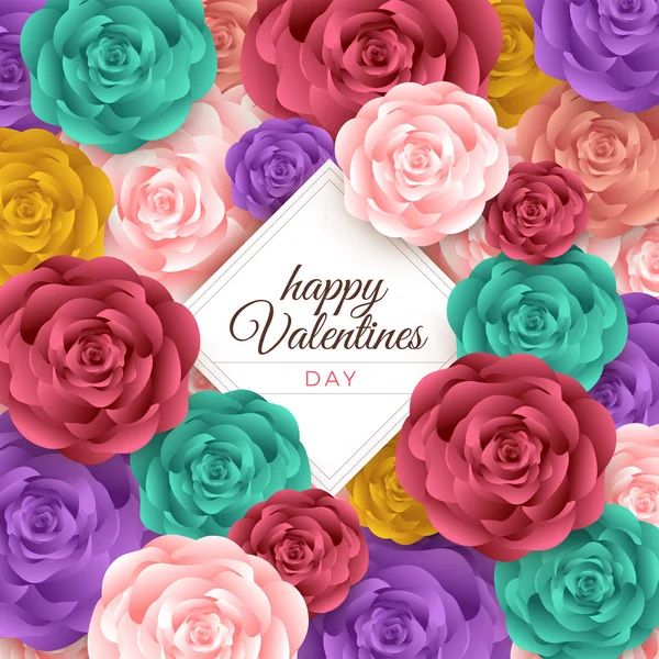 Happy Valentine Day Layout Design Roses Lettering Paper Cut Texture — стоковый вектор