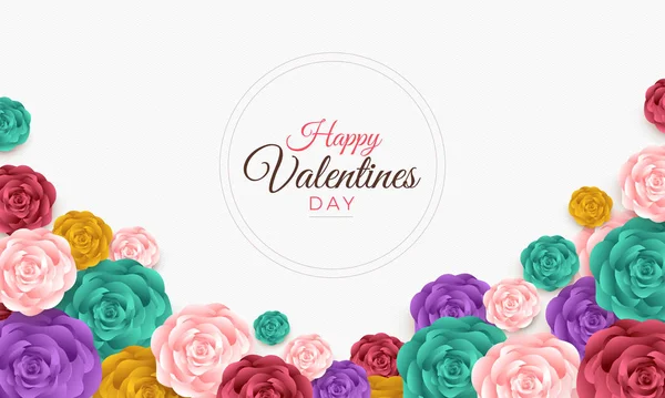 Happy Valentine Day Layout Design Roses Lettering Paper Cut Texture — стоковый вектор