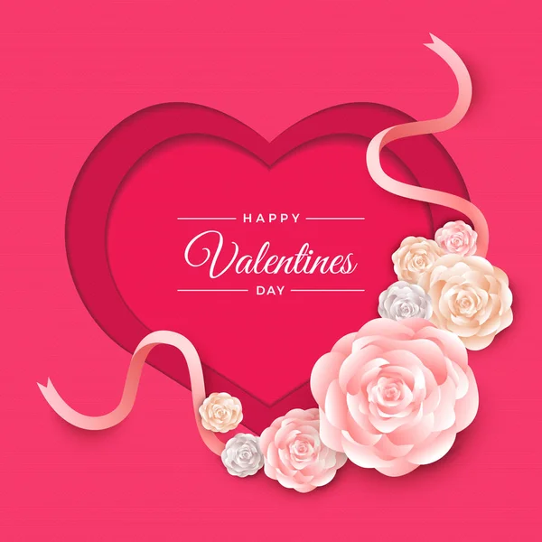 Happy Valentine Day Layout Design Roses Lettering Paper Cut Texture — стоковый вектор