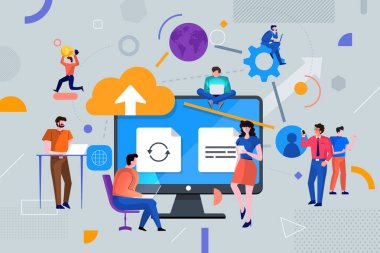 Çizimler düz tasarım kavramı bulut hizmet teknolojisi. İnsanlar takım çalışması başarı iş için birlikte çalışıyor. Geometrik grafik simgeleri ile süsleyin. Vektör göstermek.