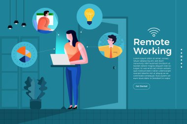 Çizimler karikatür düz tasarım kavramı uzaktan çalışma. Her yerde işçi ve kaynak bağlamak için teknoloji internet ve wifi ile ofis olabilir. Vektör göstermek.