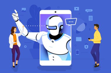 İllüstrasyon konsept tasarım işadamı birlikte yapay zeka bina mobil uygulama için çalışıyor. Vektör göstermek.