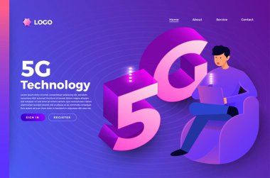 Mock-up web sitesi açılış sayfası düz tasarım kavramı insanlar 5g teknoloji bağlayan. Vektör göstermek.