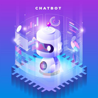 Izometrik tasarım kavramı sohbet bot teknolojisi. Yapay zeka makinesi makine öğrenme ile mesaj sohbet. Vektör göstermek.