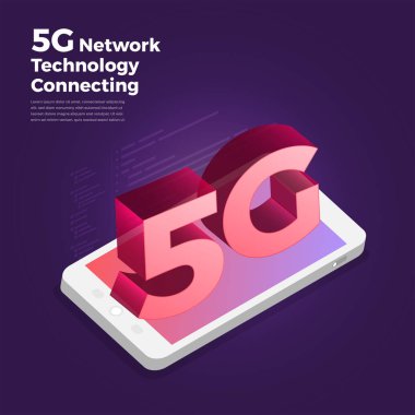 Isometrik illüstrasyon tasarım konsepti 5g. Yüksek hız ile internet bağlayan ağ teknolojisi çözümü. İnsanlar birlikte yaşam tarzı çalıştırıyor. Vektör göstermek.
