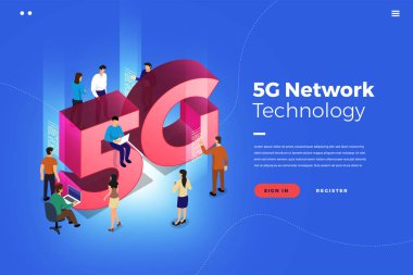 Isometrik illüstrasyon tasarım konsepti 5g. Yüksek hız ile internet bağlayan ağ teknolojisi çözümü. İnsanlar birlikte yaşam tarzı çalıştırıyor. Vektör göstermek.