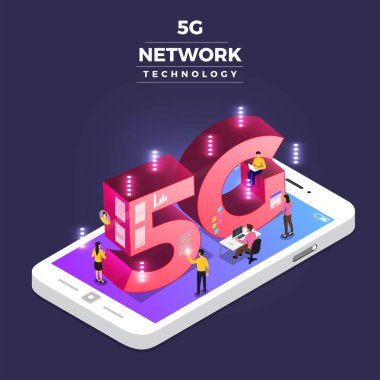 Isometrik illüstrasyon tasarım konsepti 5g. Yüksek hız ile internet bağlayan ağ teknolojisi çözümü. İnsanlar birlikte yaşam tarzı çalıştırıyor. Vektör göstermek.