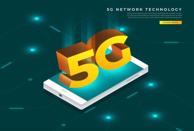 Isometrik illüstrasyon tasarım konsepti 5g. Yüksek hız ile internet bağlayan ağ teknolojisi çözümü. İnsanlar birlikte yaşam tarzı çalıştırıyor. Vektör göstermek.