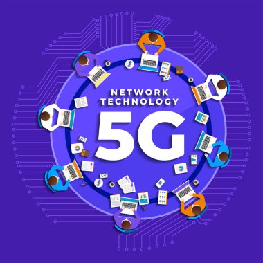 Isometrik illüstrasyon tasarım konsepti 5g. Yüksek hız ile internet bağlayan ağ teknolojisi çözümü. İnsanlar birlikte yaşam tarzı çalıştırıyor. Vektör göstermek.
