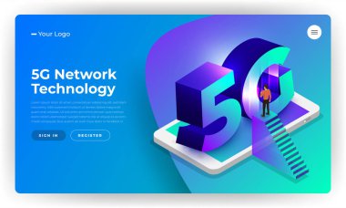 Isometrik illüstrasyon tasarım konsepti 5g. Yüksek hız ile internet bağlayan ağ teknolojisi çözümü. İnsanlar birlikte yaşam tarzı çalıştırıyor. Vektör göstermek.