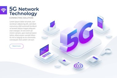 Isometrik illüstrasyon tasarım konsepti 5g. Yüksek hız ile internet bağlayan ağ teknolojisi çözümü. İnsanlar birlikte yaşam tarzı çalıştırıyor. Vektör göstermek.