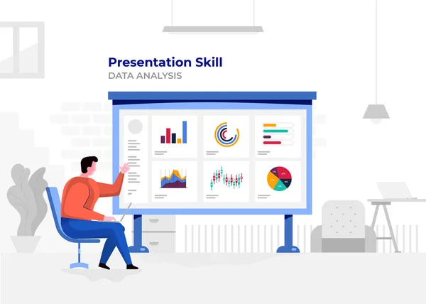 Illustration Flat Design Cartoon Concept People Präsentation Skills Data Analystic — Stockvektor