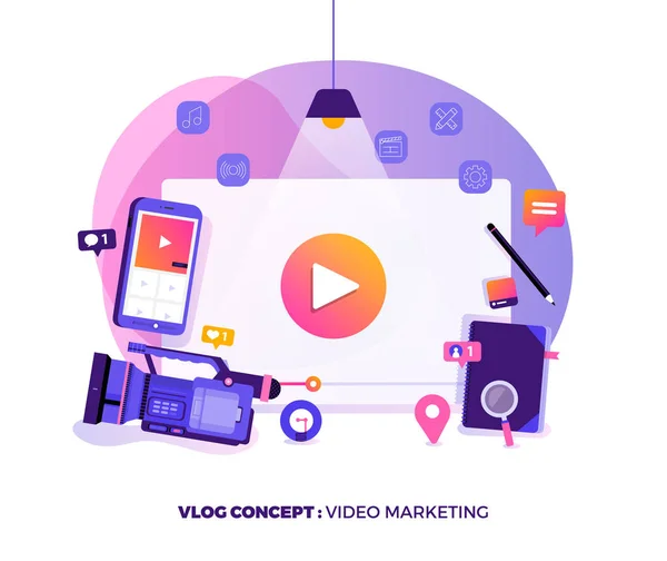 插图设计概念 Vlog 视频营销由Vlogger创建电影制作和在线内容 运动图形教育 矢量说明 — 图库矢量图片