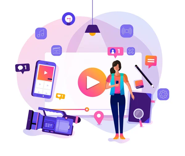 Conceito Design Ilustração Vlog Marketing Vídeo Por Vlogger Produção Filmes —  Vetores de Stock