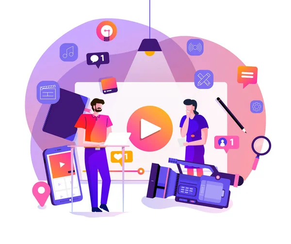 Conceito Design Ilustração Vlog Marketing Vídeo Por Vlogger Produção Filmes —  Vetores de Stock