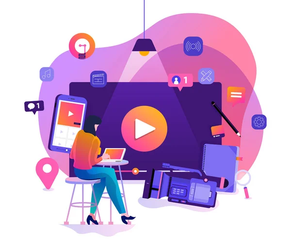 Conceito Design Ilustração Vlog Marketing Vídeo Por Vlogger Produção Filmes —  Vetores de Stock