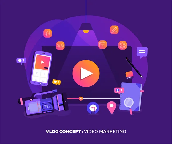 Illustration Design Concept Vlog Marketing Vidéo Par Vlogger Création Film — Image vectorielle