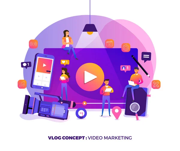 Illustration Design Concept Vlog Marketing Vidéo Par Vlogger Création Film — Image vectorielle