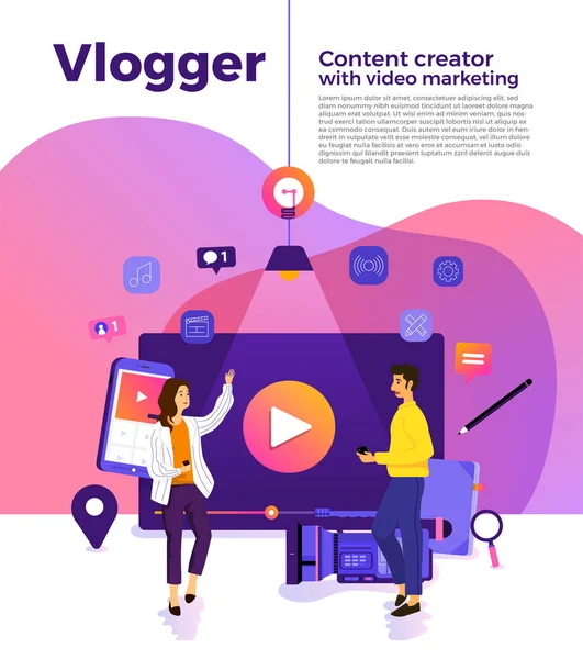 Illusztráció Tervezési Koncepció Vlog Video Marketing Mellett Vlogger Teremtés Film — Stock Vector