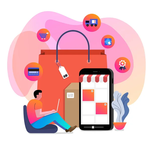 Illustrationen Konzeptgestaltung Online Shopping Käufer Verwenden Internet Gerät Kaufen Produkt — Stockvektor