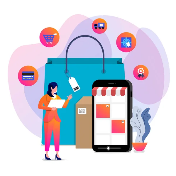 Ilustracje Koncepcji Projektowania Zakupów Online Shopper Używać Urządzenia Internetowego Kupić — Wektor stockowy