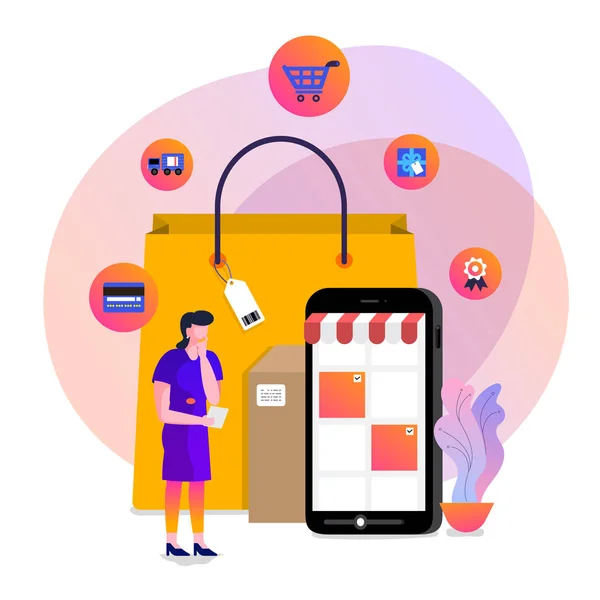 Illustrationen Konzeptgestaltung Online Shopping Käufer Verwenden Internet Gerät Kaufen Produkt — Stockvektor