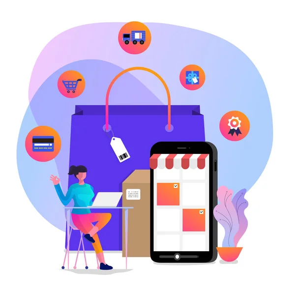 Ilustracje Koncepcji Projektowania Zakupów Online Shopper Używać Urządzenia Internetowego Kupić — Wektor stockowy