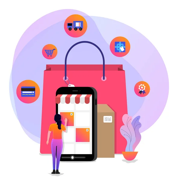 Illustrations Concept Design Achats Ligne Shopper Utiliser Appareil Internet Acheter — Image vectorielle