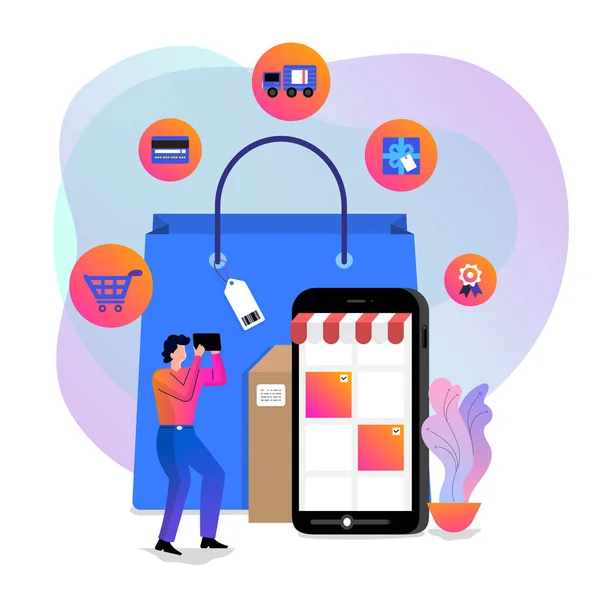 Illustrations Concept Design Achats Ligne Shopper Utiliser Appareil Internet Acheter — Image vectorielle