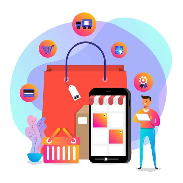 Illustrations Concept Design Achats Ligne Shopper Utiliser Appareil Internet Acheter — Image vectorielle