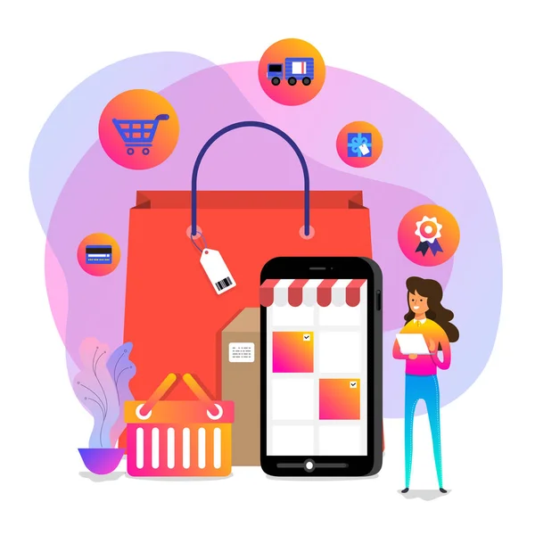 Illustrations Concept Design Achats Ligne Shopper Utiliser Appareil Internet Acheter — Image vectorielle