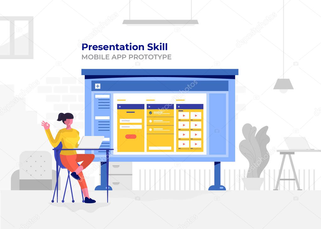 Illustration flat design cartoon concept people presentation skill data analystic. Workspace meeting room and whiteboard show graph chart. Vector illustrate.