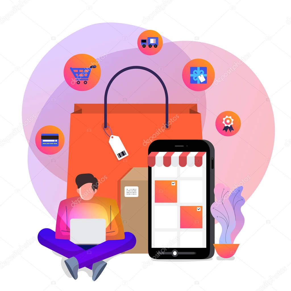 Illustrations concept design online shopping. Shopper use internet device buy product e-commerce. Vector illustrate.