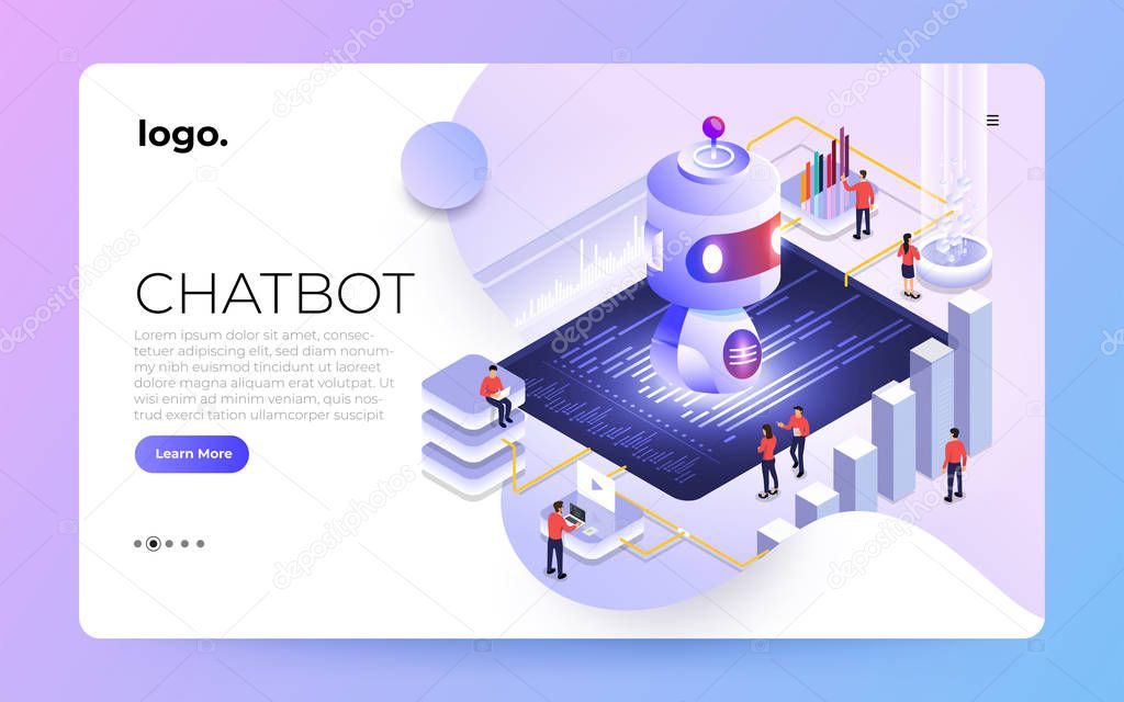 Isometric design concept chat bot technology. Artificial intelligence machine chatting message by machine learning. Vector illustrate.