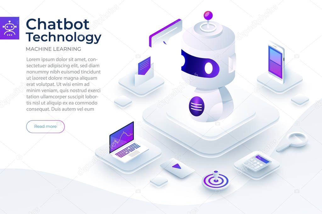 Isometric design concept chat bot technology. Artificial intelligence machine chatting message by machine learning. Vector illustrate.