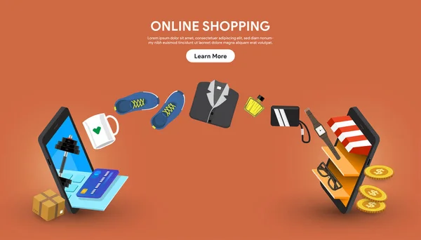 Illustrazioni Vettoriali Concetto Shopping Online Mobile Trasferire Denaro Prodotto Negozio — Vettoriale Stock