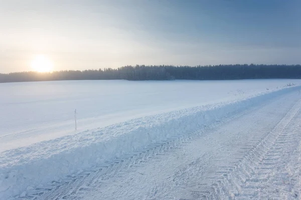 Vinterlandskap Sunrise Med Road — Stockfoto