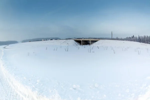 Paisagem Inverno Com Ponte Estrada — Fotografia de Stock