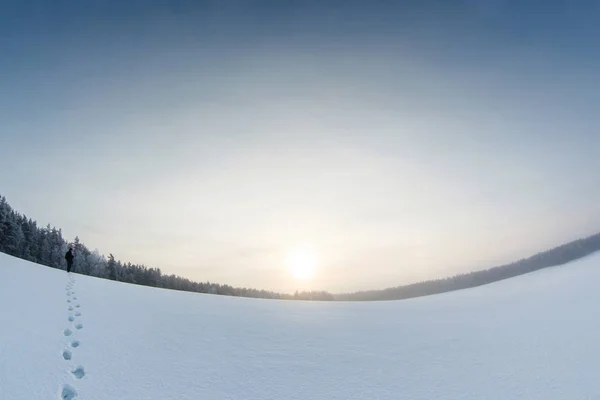 Paisaje Invernal Con Hombre Campo Nieve Rastros — Foto de Stock