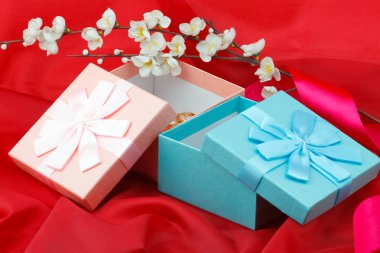 İki kutu ile sunar kutlama, kadın gün veya doğum günü için söğüt dalı ile kırmızı zemin üzerine