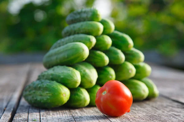 Cucumbers Tomato Wooden Table — Stock Photo, Image