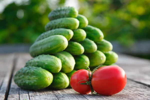 Pepinos Tomates Mesa Madera —  Fotos de Stock